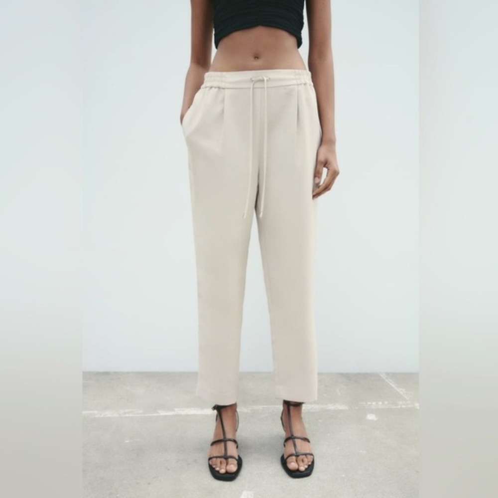 ZARA Flowy Ankle Pants Drawstring Tapered Leg Relaxed Fit Cream/Ivory Size L - Picture 2 of 13